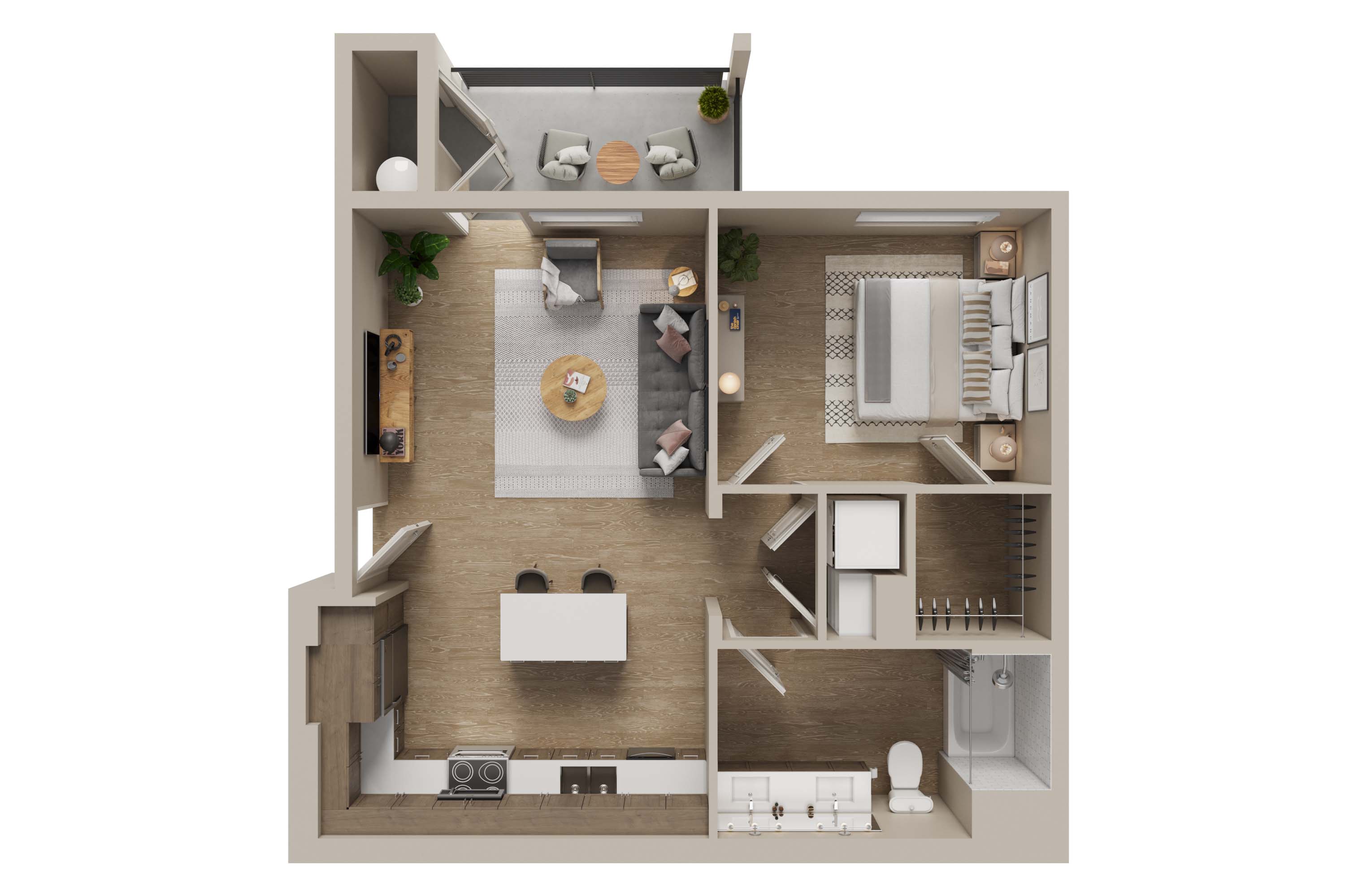 Floor plan for 1 bed, 1 bath, 729 sqft